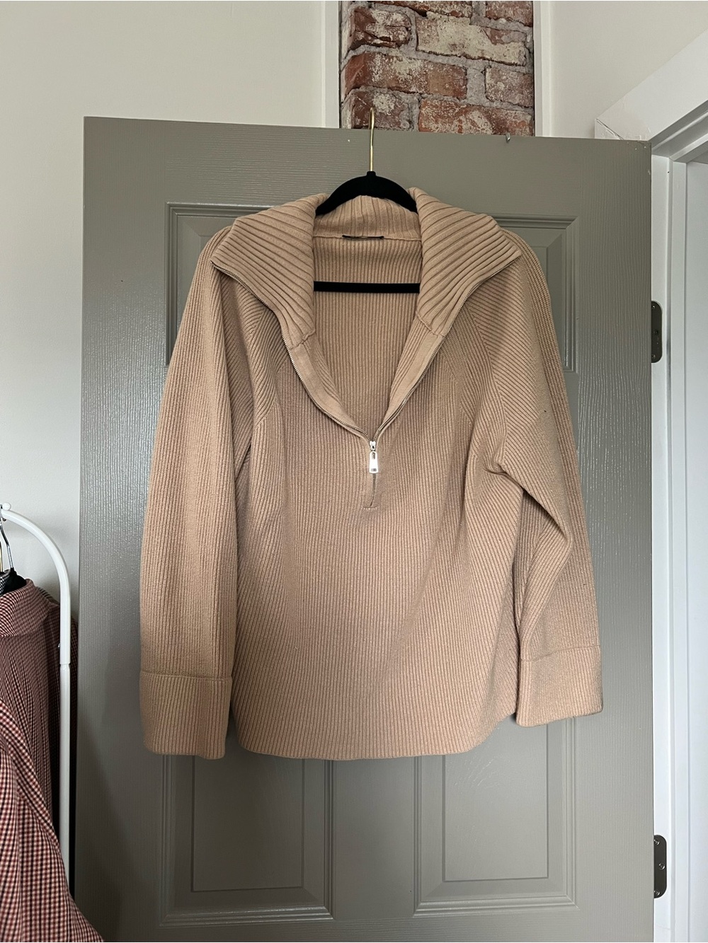 Beige Rib-Knit Half-Zip Sweater